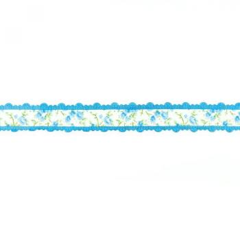 Bedrucktes Baumwoll Band mit Blüten und Spitze in Blau